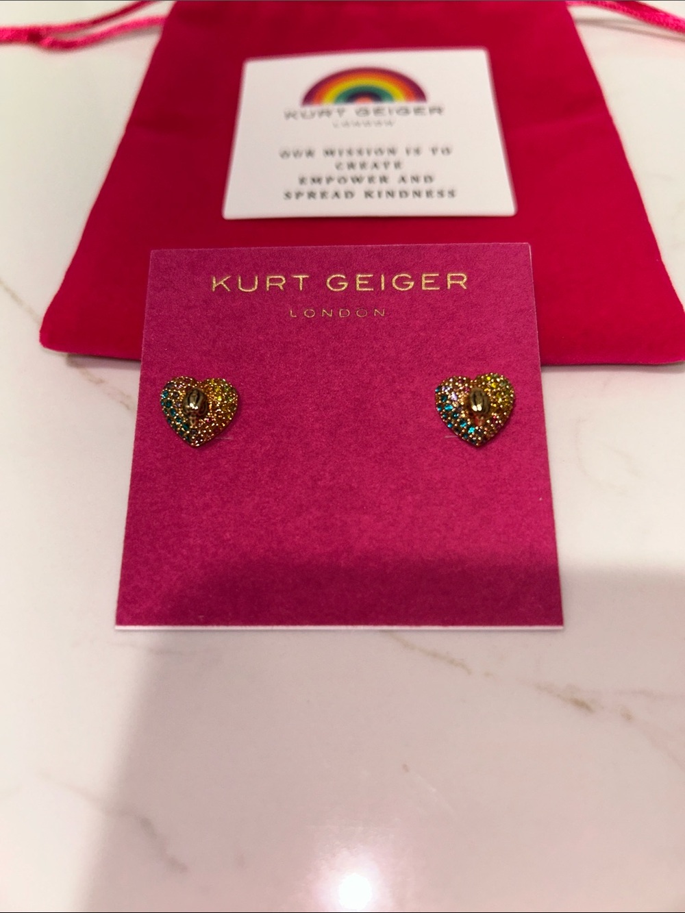 Kurt Geiger London Eagle rainbow Heart Crystal Stud Earrings,carecard&dustbagNWT